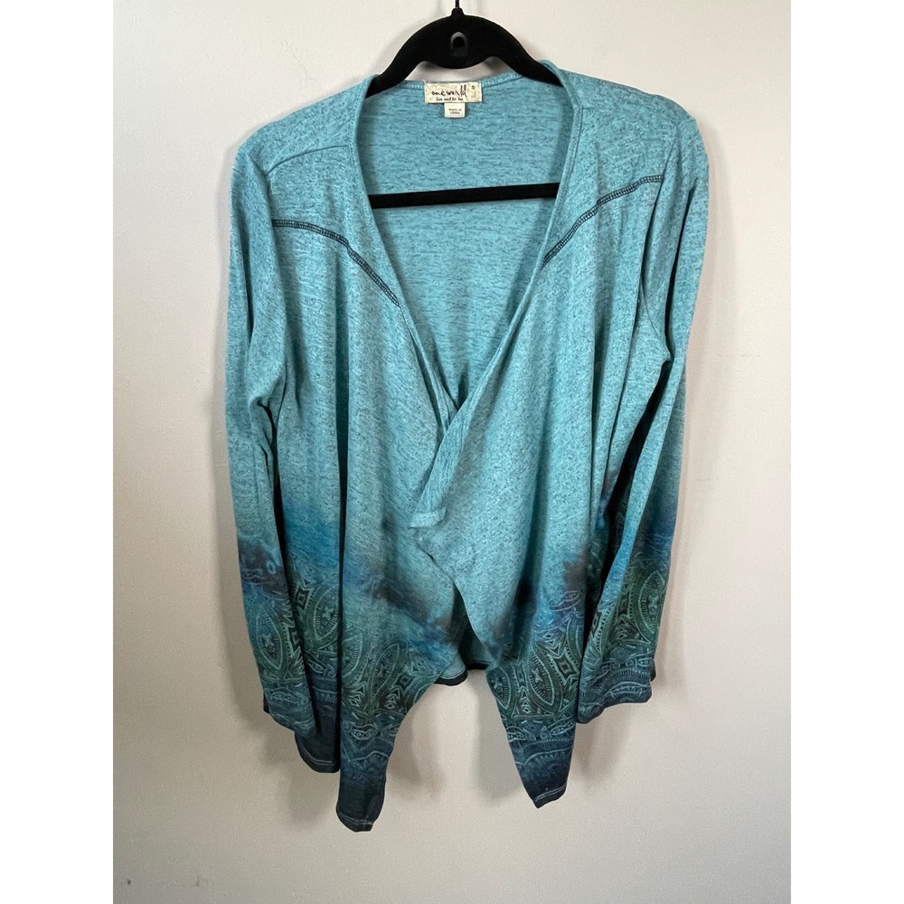 One World Live and Let Live Teal Paisley Ombre Sharkbite Open Cardigan Small